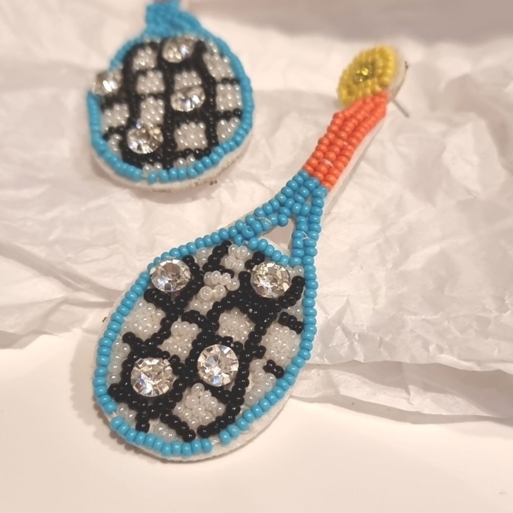 New Multicolor Beaded Tennis  Racket Rhinestone Earrings - Picture 4 of 8